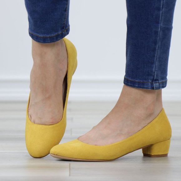 Mustard Faux Suede Close Round Toe Kitten Low Block Heel Pumps - Picture 12 of 13